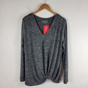 New Sunday in Brooklyn Twist Hem Ruched Front Long Sleeve V Neck Top